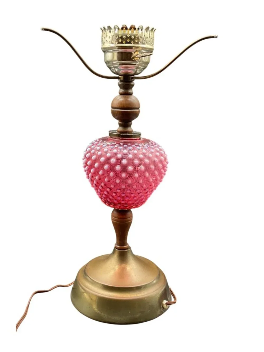 Vintage Fenton Cranberry Opalescent Hobnail Glass & Brass Table Lamp 17